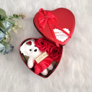 Heart Shaped Gift Box with Teddy Bear 3 Red Roses